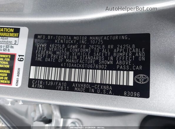 4T1DAACK6TU676902 2026 TOYOTA LE Silver Շարժիչի բաժամունքի տեսք