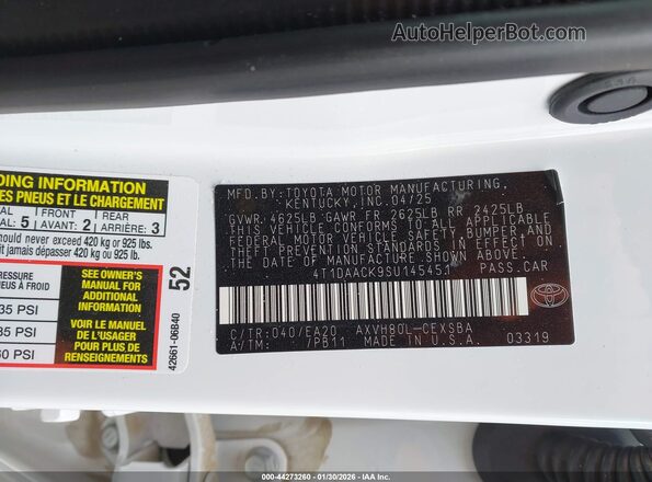 4T1DAACK9SU145451 2025 TOYOTA CAMRY White Вид підкапотного простору