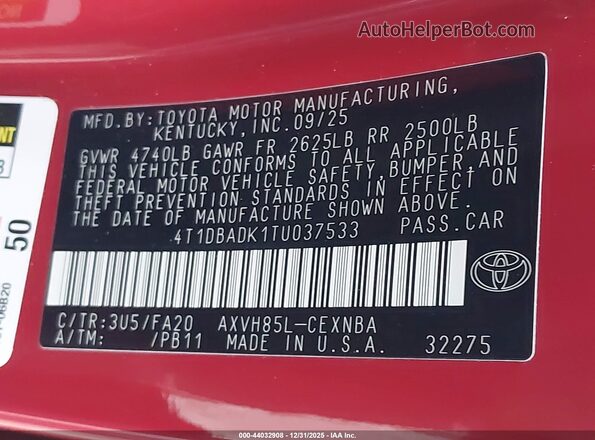 4T1DBADK1TU037533 2026 TOYOTA LE Red Widok komory silnika