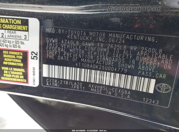 4T1DBADK2SU004779 2025 TOYOTA LE Black Vista del compartimento del motor