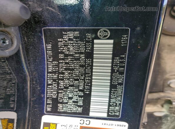4T1FZ1FB1LU047285 2020 TOYOTA AVALON Black Engine compartment view