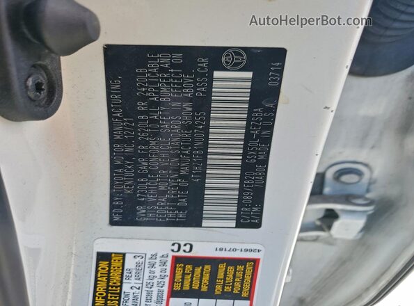 4T1HZ1FB1NU074255 2022 TOYOTA AVALON White ძრავის განყოფილების ხედი