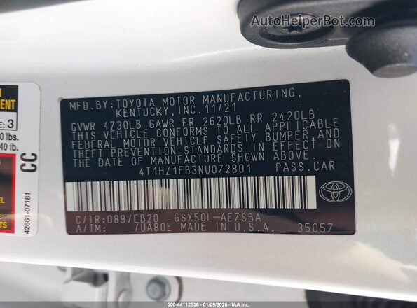 4T1HZ1FB3NU072801 2022 TOYOTA AVALON White Engine compartment view