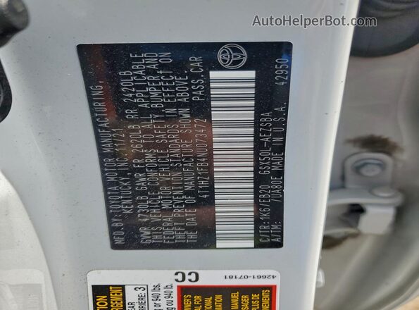 4T1HZ1FB4NU073472 2022 TOYOTA AVALON White Engine compartment view