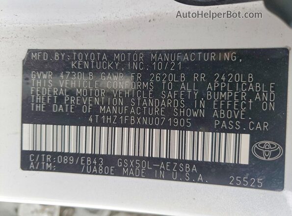 4T1HZ1FBXNU071905 2022 TOYOTA AVALON White VIN sticker view