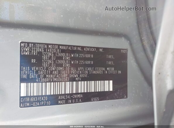 4T3B6RFV1MU060563 2021 TOYOTA LE Gray Շարժիչի բաժամունքի տեսք