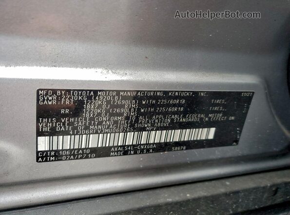 4T3D6RFV3MU060265 2021 TOYOTA LIMITED Silver Widok naklejki z numerem VIN