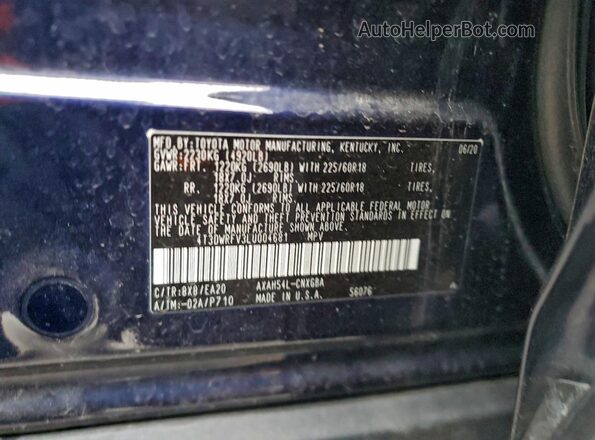 4T3DWRFV3LU004681 2020 TOYOTA LIMITED Blue VIN sticker view