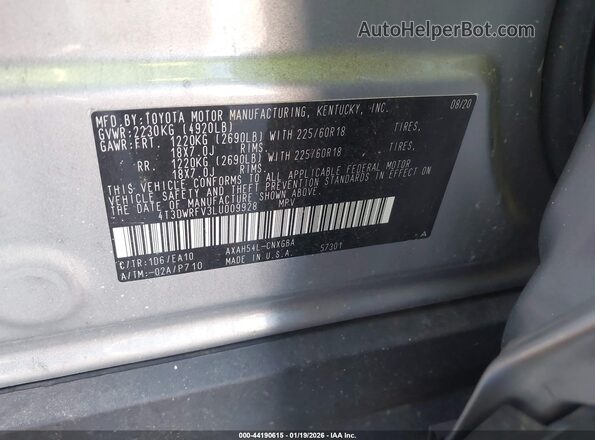 4T3DWRFV3LU009928 2020 TOYOTA LIMITED Silver Vista del compartimento del motor