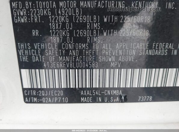 4T3E6RFV8LU004583 2020 TOYOTA RAV4 HYBRID Белый 