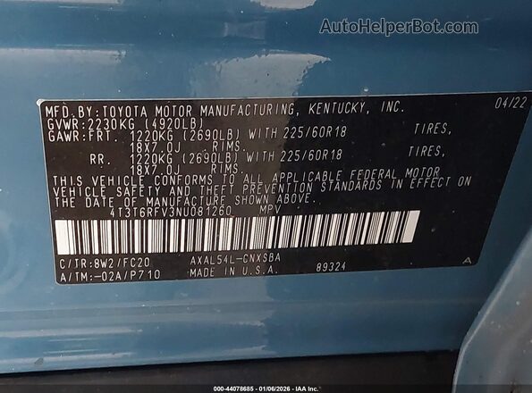 4T3T6RFV3NU081260 2022 TOYOTA RAV4 HYBRID Blue Շարժիչի բաժամունքի տեսք
