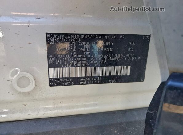 4T3T6RFV7NU078815 2022 TOYOTA RAV4 White Vista de la etiqueta del VIN