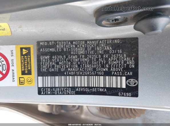 4T4BF1FK2GR567160 2016 TOYOTA LE Серебряный Вид подкапотного пространства