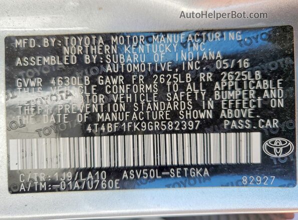 4T4BF1FK9GR582397 2016 TOYOTA LE Серебряный Вид подкапотного пространства