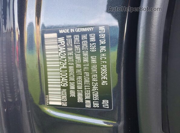 WP0AA2A72HL100409 2017 PORSCHE PANAMERA Gray Widok naklejki z numerem VIN