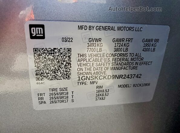 1GNSKCKD9NR243742 2022 CHEVROLET SUBURBAN Silver Панорамний вид салону 360°
