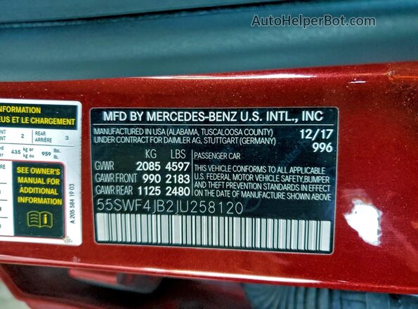 55SWF4JB2JU258120 2018 MERCEDES-BENZ C-CLASS Burgundy 
