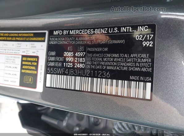 55SWF4JB3HU211236 2017 MERCEDES-BENZ C-CLASS Gray Շարժիչի բաժամունքի տեսք