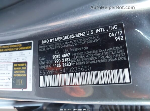 55SWF4JB4JU235650 2018 MERCEDES-BENZ C-CLASS Gray 