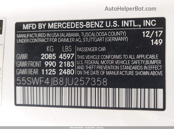 55SWF4JB8JU257358 2018 MERCEDES-BENZ C-CLASS Белый 