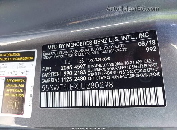 55SWF4JBXJU280298 2018 MERCEDES-BENZ C-CLASS Gray 