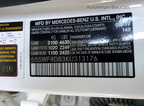 55SWF8DB3KU313176 2019 MERCEDES-BENZ C White Engine compartment view