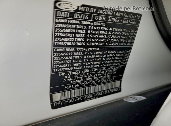 SALWR2PF3GA596059 2016 LAND ROVER RANGE ROVER White 360 interior view