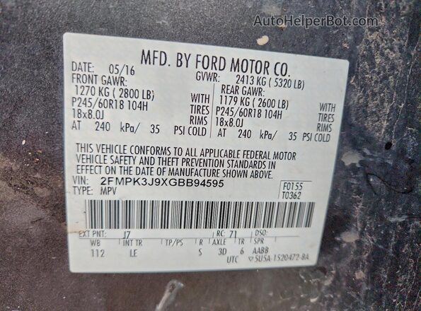 2FMPK3J9XGBB94595 2016 FORD EDGE Gray 