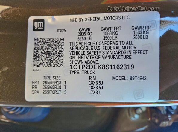 1GTP2DEK8S1162319 2025 GMC CANYON Brown Widok naklejki z numerem VIN