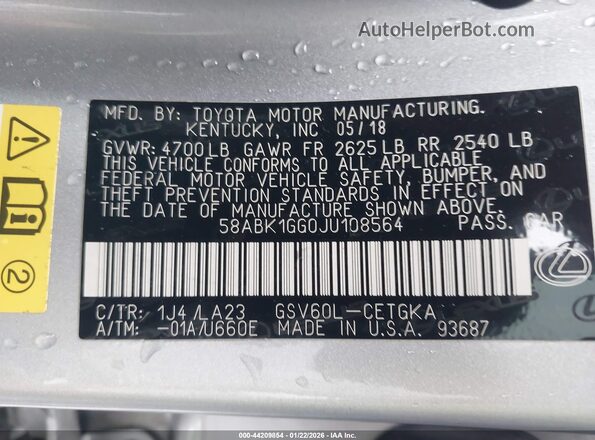 58ABK1GG0JU108564 2018 LEXUS ES 350 Gray 