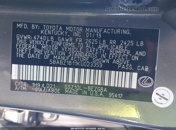 58ABZ1B11KU023359 2019 LEXUS ES 350 Gray ძრავის განყოფილების ხედი