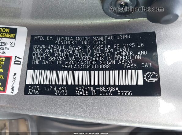 58ACA1C14MU010098 2021 LEXUS ES 300H Silver ძრავის განყოფილების ხედი