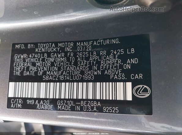 58ACZ1B14LU071993 2020 LEXUS ES 350 Gray 