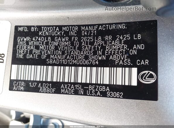 58AD11D12MU006764 2021 LEXUS ES 250 Gray ძრავის განყოფილების ხედი