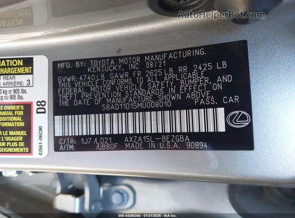58AD11D15MU008010 2021 LEXUS ES 250 Серый Вид подкапотного пространства
