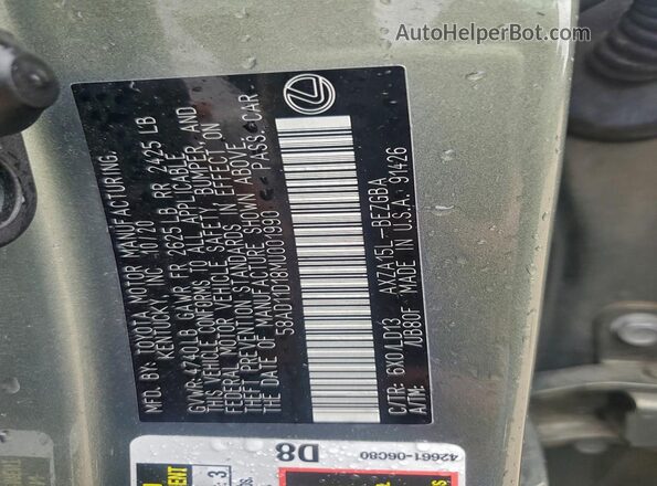 58AD11D18MU001990 2021 LEXUS ES Зеленый Вид наклейки с VIN-кодом