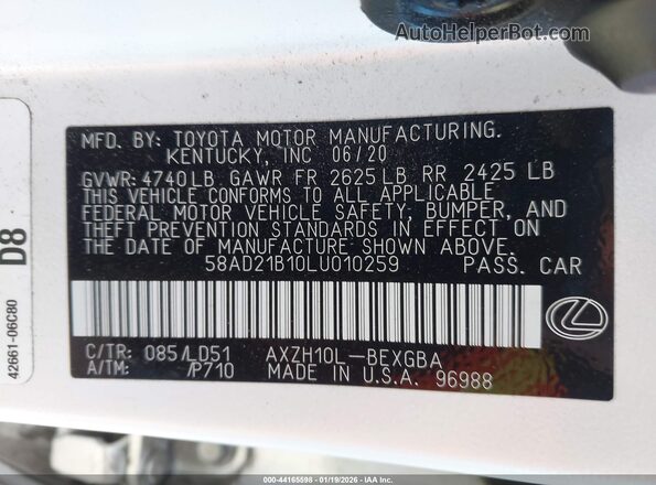 58AD21B10LU010259 2020 LEXUS ES 300H Белый Вид подкапотного пространства