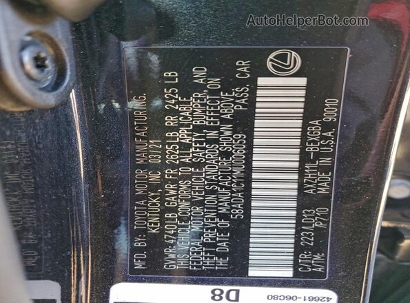 58ADA1C11MU006059 2021 LEXUS ES Black Vista del compartimento del motor