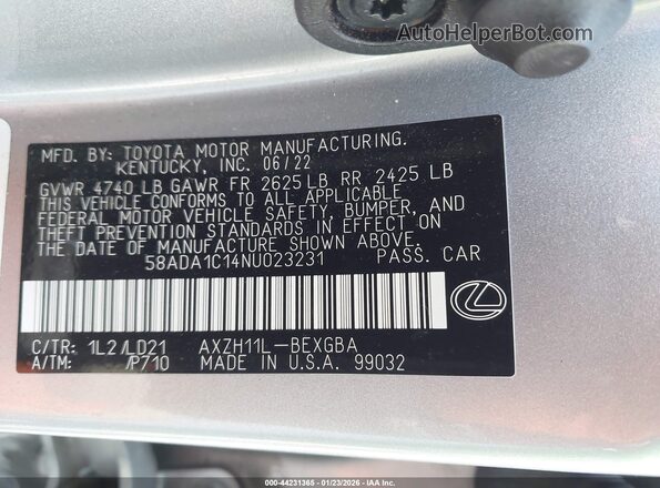58ADA1C14NU023231 2022 LEXUS ES 300H Silver ძრავის განყოფილების ხედი
