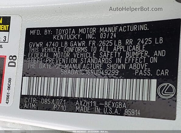 58ADA1C16RU049299 2024 LEXUS ES 300H White Widok komory silnika