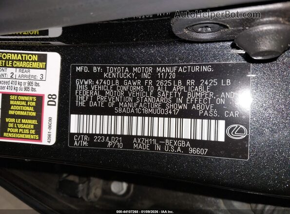 58ADA1C18MU003417 2021 LEXUS ES 300H Black Вид підкапотного простору