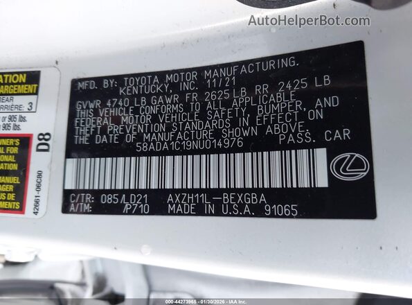 58ADA1C19NU014976 2022 LEXUS ES 300H White ძრავის განყოფილების ხედი