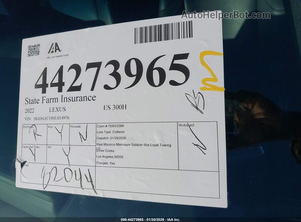 58ADA1C19NU014976 2022 LEXUS ES 300H White 