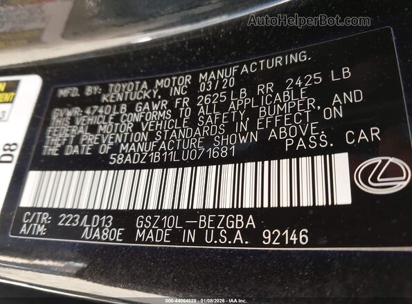 58ADZ1B11LU071681 2020 LEXUS ES 350 Black ძრავის განყოფილების ხედი