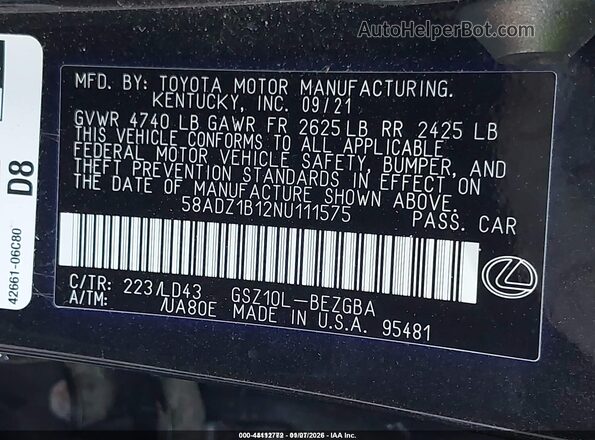 58ADZ1B12NU111575 2022 LEXUS ES 350 Black ძრავის განყოფილების ხედი