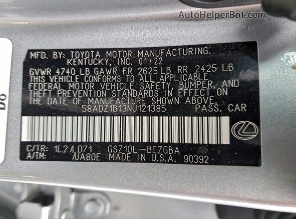58ADZ1B13NU121385 2022 LEXUS ES Silver Vista del compartimento del motor