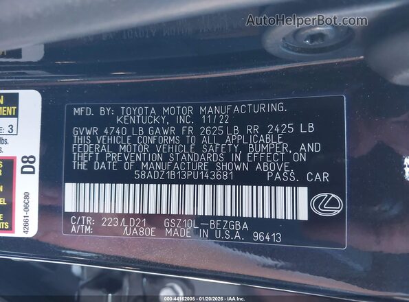 58ADZ1B13PU143681 2023 LEXUS ES 350 Black ძრავის განყოფილების ხედი