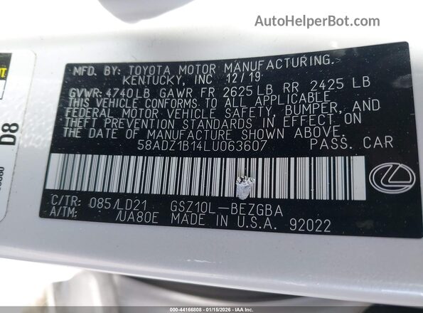 58ADZ1B14LU063607 2020 LEXUS ES 350 White Vista del compartimento del motor