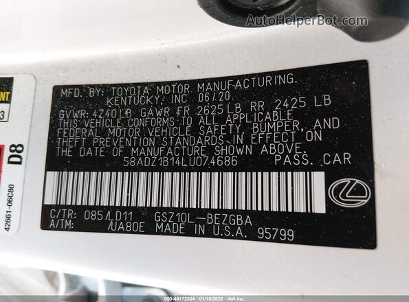 58ADZ1B14LU074686 2020 LEXUS ES 350 White Vista del compartimento del motor