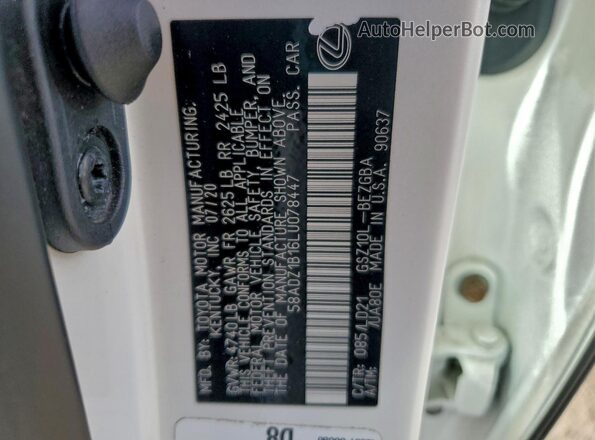 58ADZ1B16LU078447 2020 LEXUS ES White Вид підкапотного простору